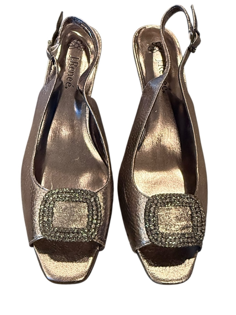 J. Renee Pewter Gunmetal Metallic Rhinestone Buckle Peep Toe Slingback 8M